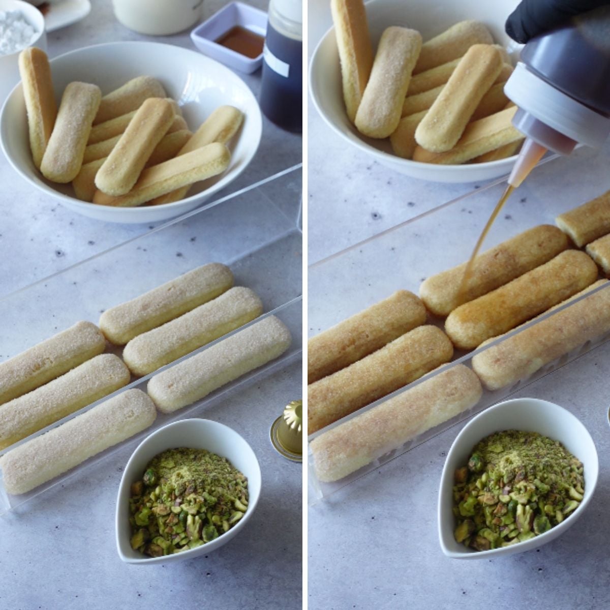 Ladyfingers arranged in a loaf pan being soaked with cooled coffee from a squeeze bottle