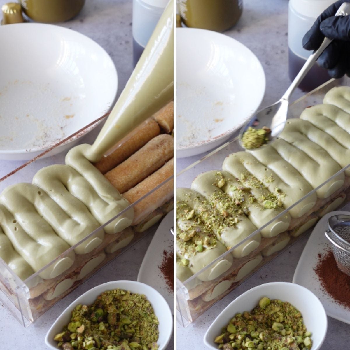 piping final layer of eggless pistachio tiramisu filling