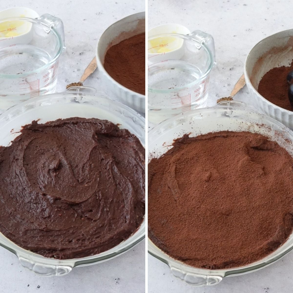 Chocolate batter spread into a pie dish next to the same dish topped with brown sugar and cocoa mixture