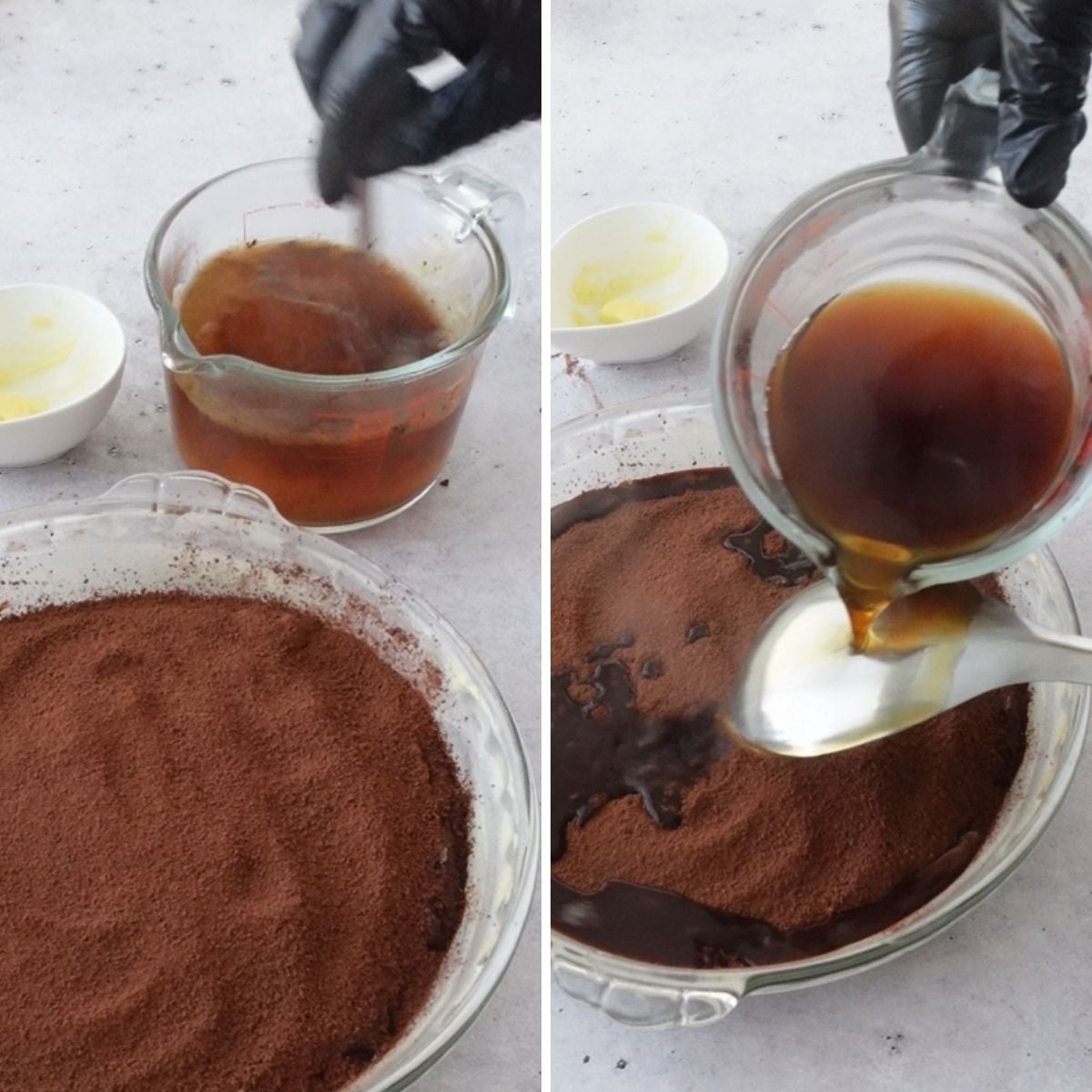 Coffee dissolved in hot water in a jug, then poured over a spoon onto the topping in the pie dish