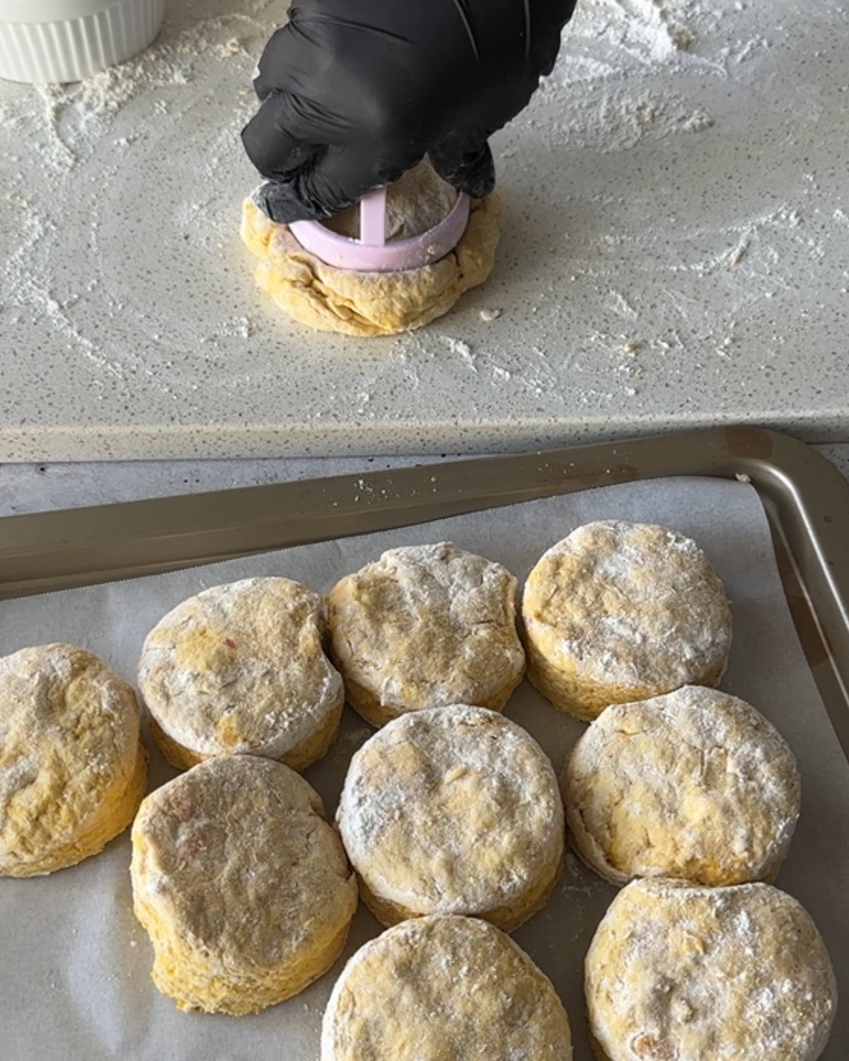 Cutting peri peri pumpkin scone dough into rounds with a floured cutter