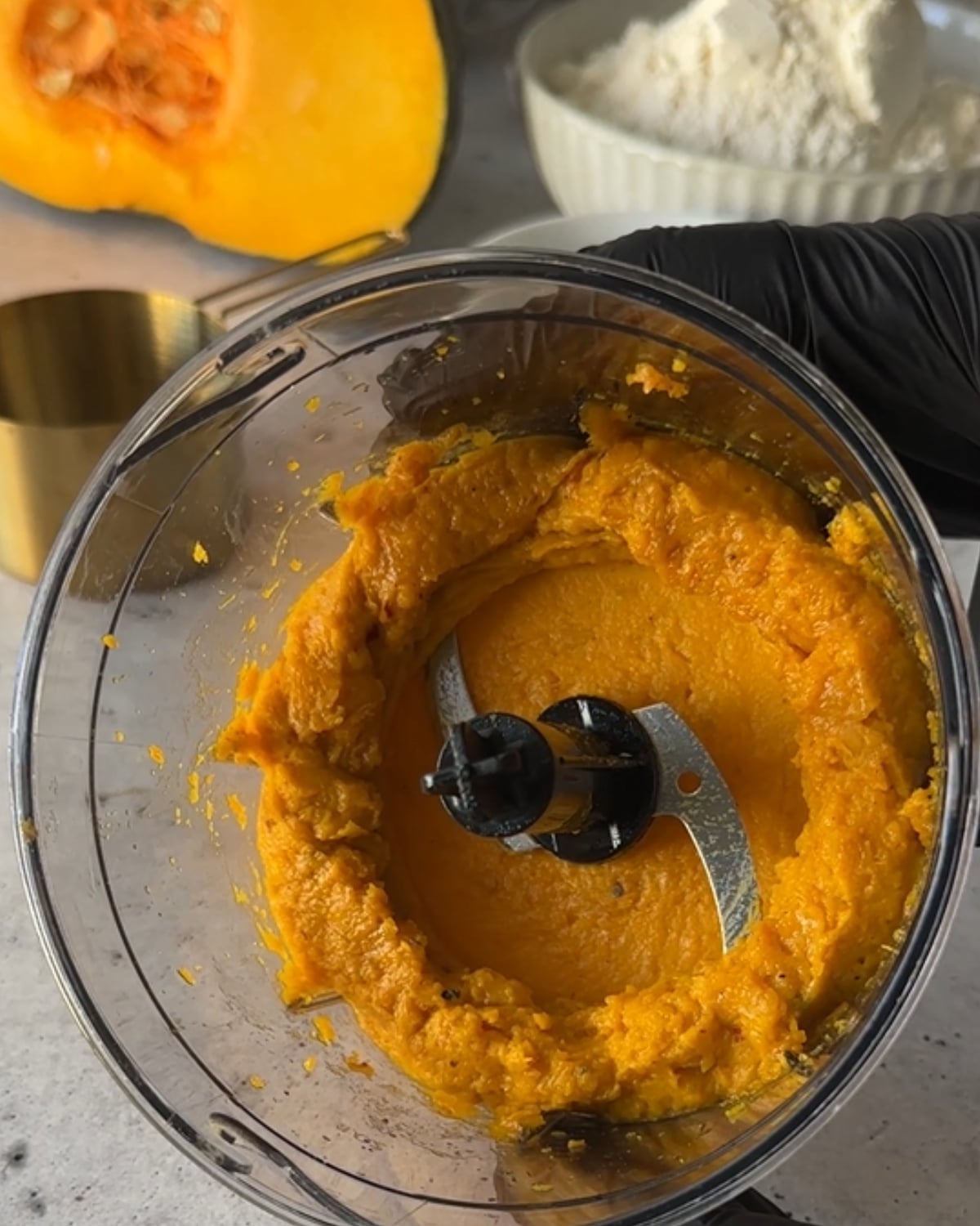 Roast pumpkin blended smooth in a food processor for peri peri pumpkin scones