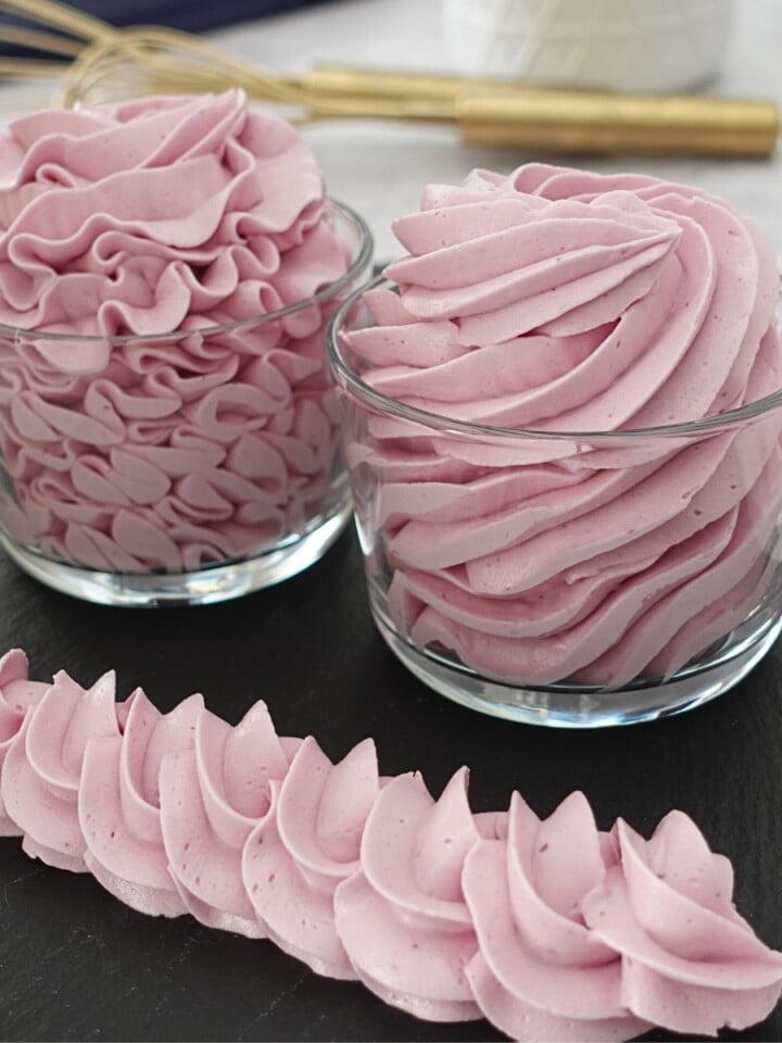 Piped ube hot water buttercream swirls and rope border, smooth and no grit texture